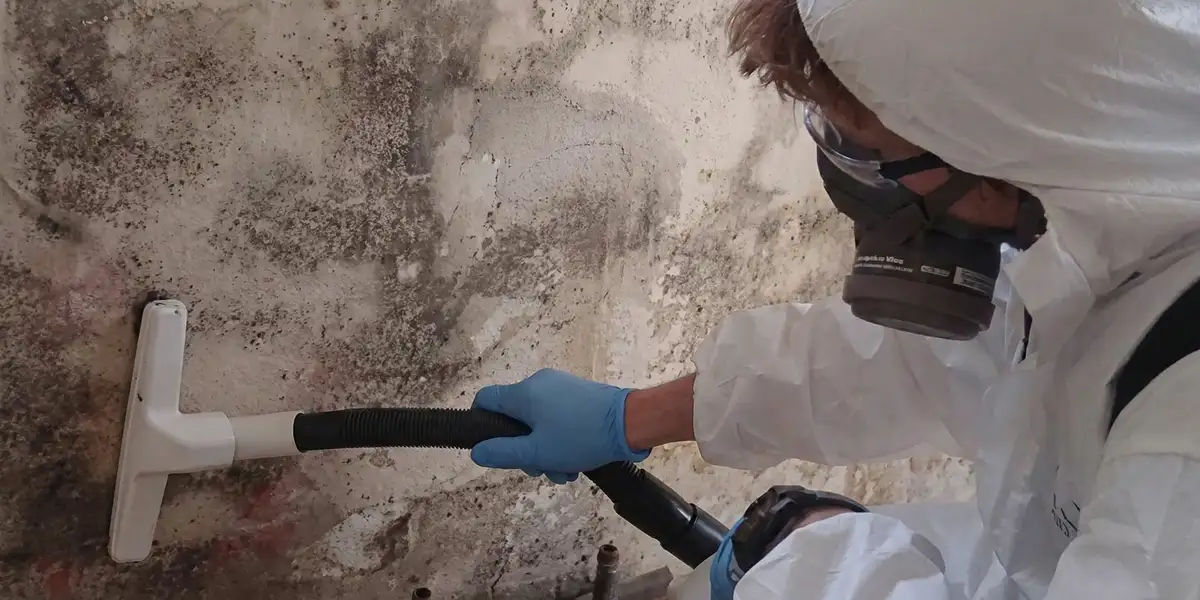 professional mold removal technician wearing protective equipment removing mold from a wall in Minneapolis, MN